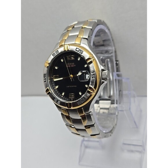 Guess Waterpro G66036G Mens Two Tone 100M Quartz Watch Date Bezel New Battery - Picture 2 of 9